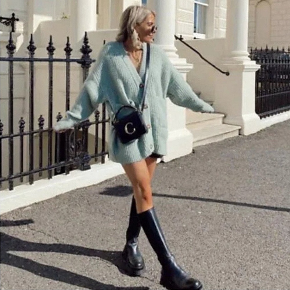 ZARA MINT WOOL BLEND CHUNKY KNIT CARDIGAN SWEATER